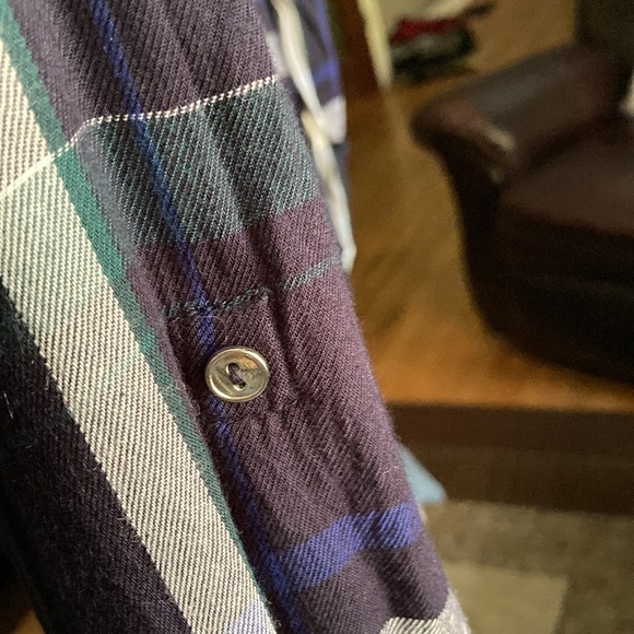 Dynamite blue green white plaid button down shirt with front pockets. - Picture 6 of 7